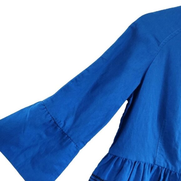 Ann Taylor Blue Embroidered Button Front Flounce Linen Blend Jacket Top XS NEW - Picture 4 of 8